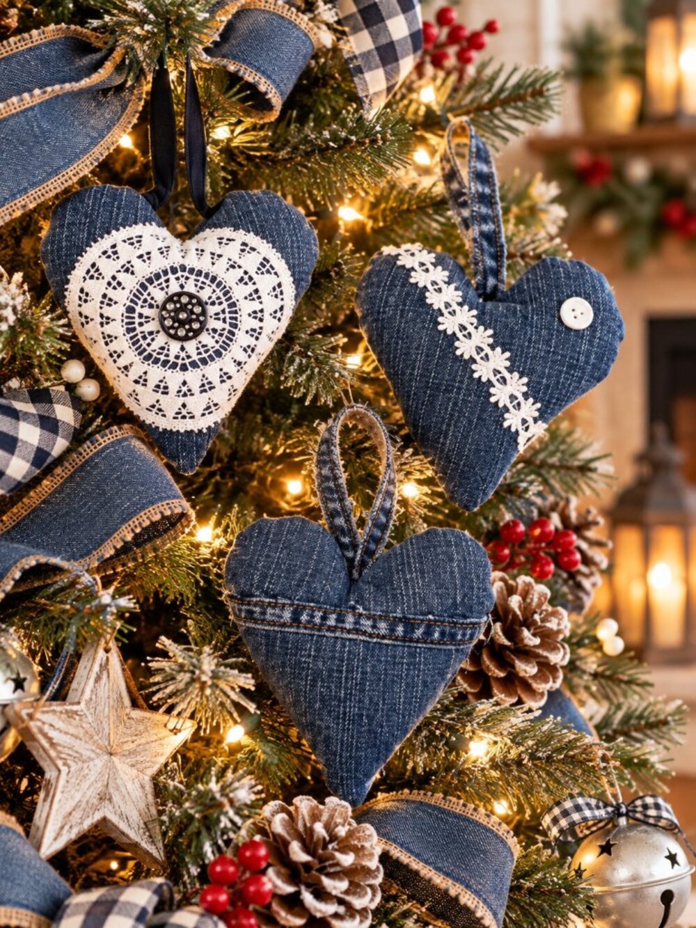 Upcycled Stuffed Denim Embellished Hanging Heart Holiday Ornaments Set of 3